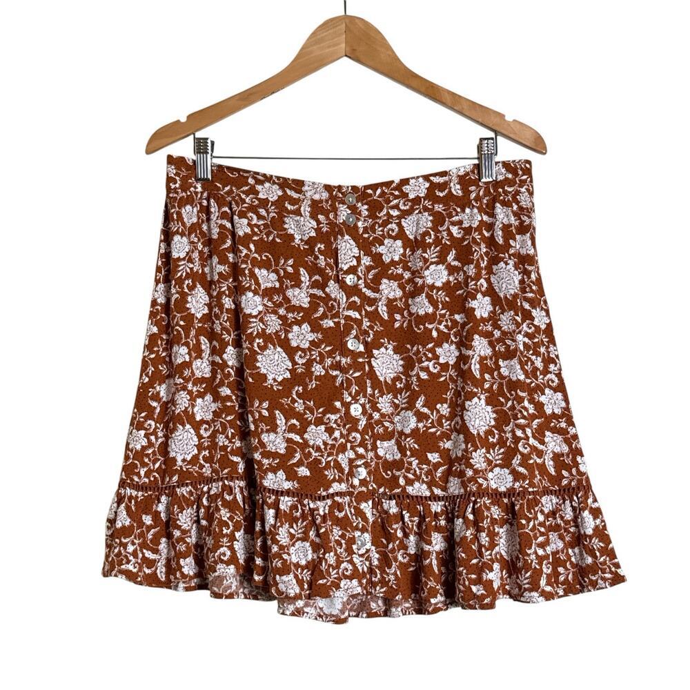 Shyanne Floral Button Front Skirt XL Western Boho Rust Ruffle Hem Skirt - Picture 2 of 8